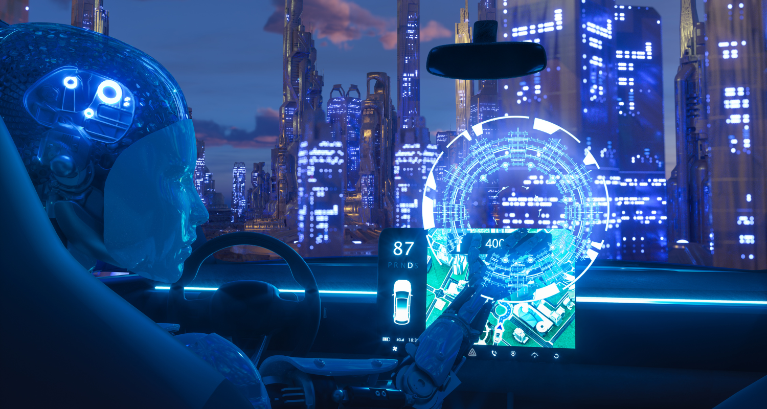 The robot drives a modern car